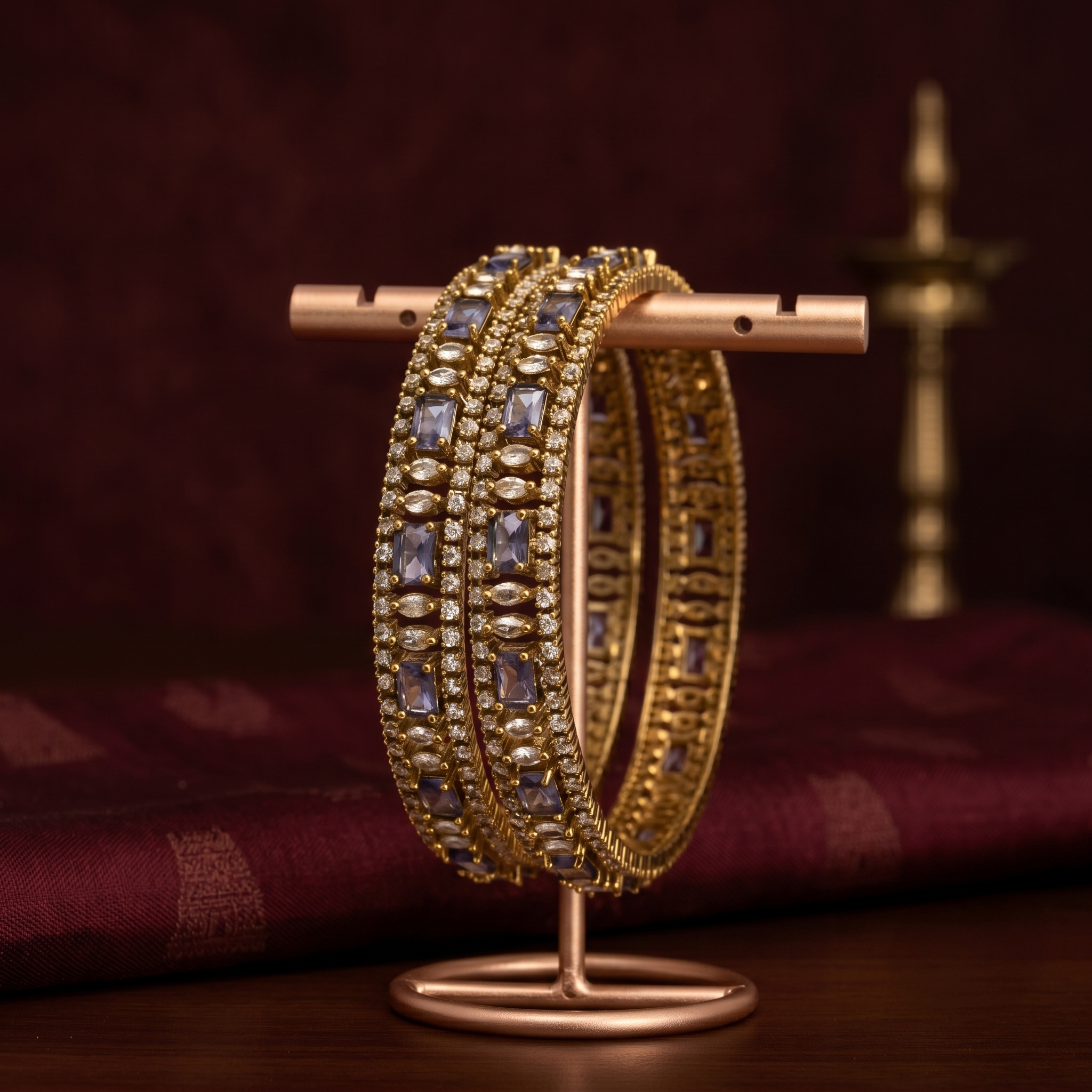 Victorian Style Stone Bangle — Green & Purple detailed view - Avalna